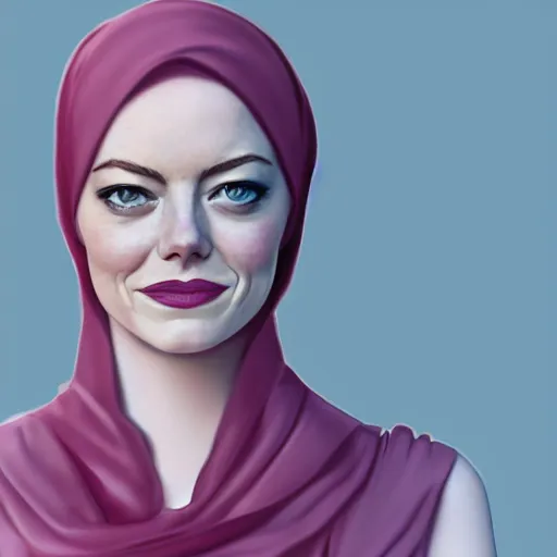 Prompt: A portrait of Emma Stone wearing Hijab, high quality, fully detailed, 4k