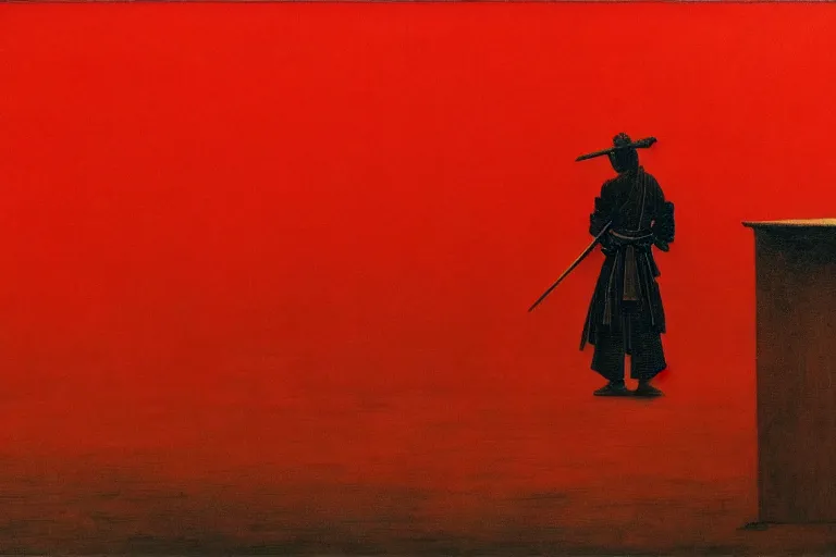 Image similar to only with red, a red samurai do seppuku, tokio, a lot of frogs watch, in the style of beksinski, parts by edward hopper, parts by rodcenko, parts by yue minjun, intricate and epic composition, red by caravaggio, insanely quality, highly detailed, masterpiece, red light, artstation, 4 k