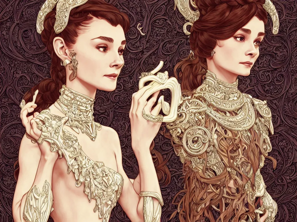 Prompt: ivory carved mage audrey hepburn with braided hair wearing ivory carved bone armor, dead plants, intricate, elegant, highly detailed, digital painting, artstaion, full body action concept art, smooth, sharp, focus, illustration, art by artgerm, alphonse mucha, ilya kuvshinov