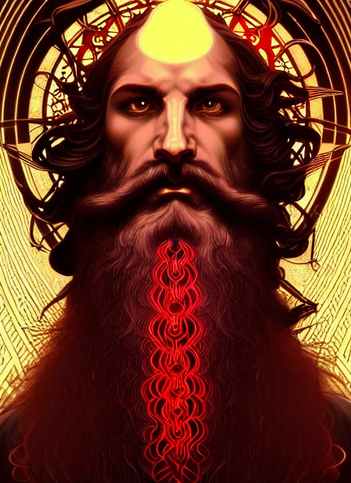 Prompt: furious god zeus, wavy black hair, bushy beard, glowing eyes, volumetric lights, red and gold scheme, art nouveau botanicals, gothic, intricate, highly detailed, digital painting, artstation, concept art, smooth, sharp focus, symmetric face, illustration, steampunk, art by artgerm and greg rutkowski and alphonse mucha