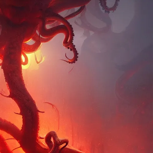 Prompt: Forest Octopus under the red sun of Akkaroth, before the final culling, trending on artstation, high detail, masterpiece, in the style of Ruan Jia