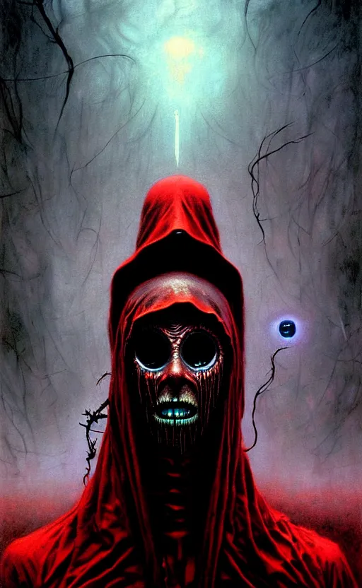 Image similar to a striking full body portrait of a pitch black masked eldritch shaman with sinister red eyes by moebius and beksinski and artgerm, detailed artwork, realism, 4 k resolution, detailed, high quality, sharp focus, hq artwork, insane detail, volumetric lighting, character concept art, fine details, tarot card, clear subject