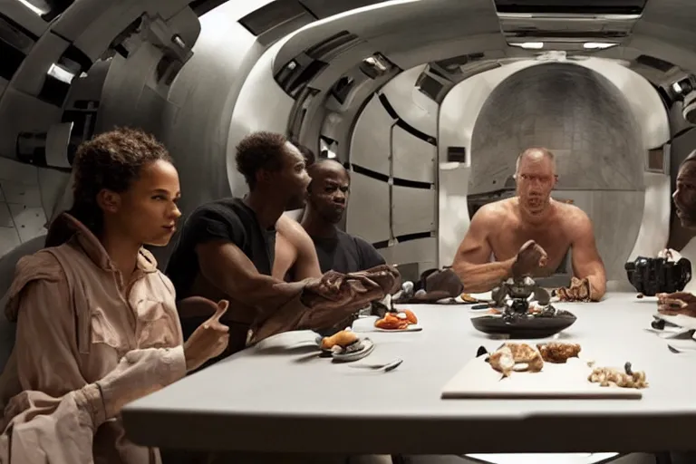 Image similar to movie diverse interracial small team of European sci-fi futuristic space explorers talking at the table in a spaceship kitchen, beautiful skin, Symmetrical faces. Beautiful lighting by Emmanuel Lubezki