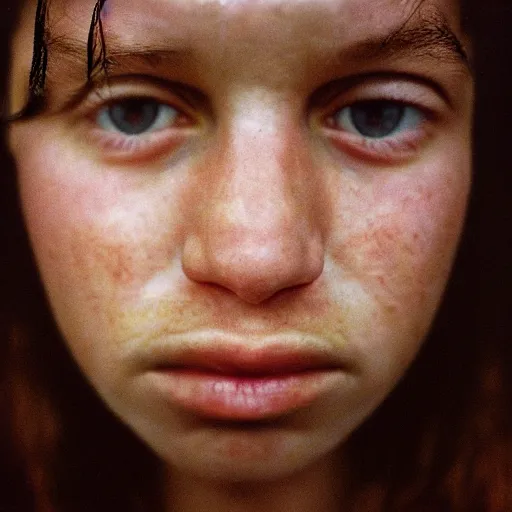Image similar to a candid extreme closeup portrait of an expressive face of a very surprised young woman by annie leibovitz