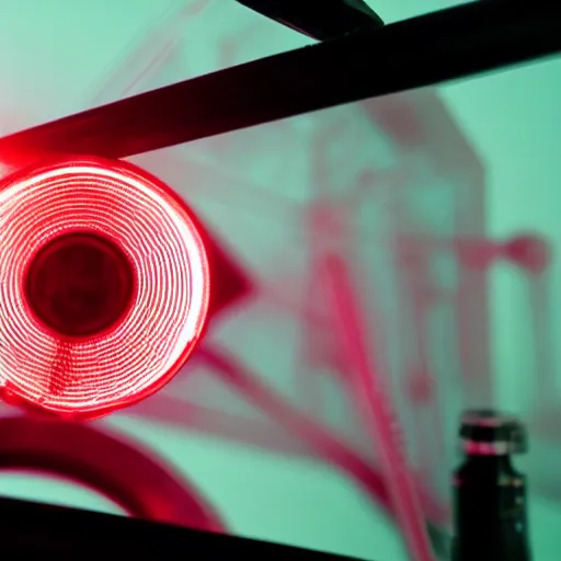 Prompt: a close up of a machine with a red light, a microscopic photo by niels lergaard, shutterstock contest winner, holography, quantum wavetracing, anamorphic lens flare, ray tracing