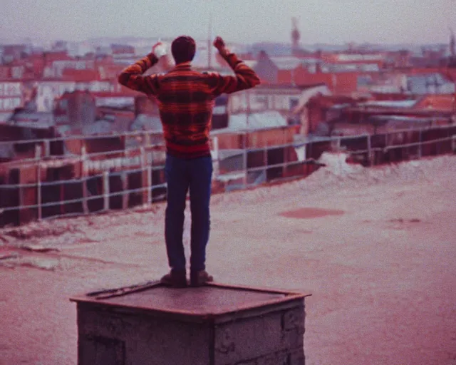 Image similar to lomo photo of man standing on the roof of soviet hrushevka, small town, cinestill, bokeh, out of focus