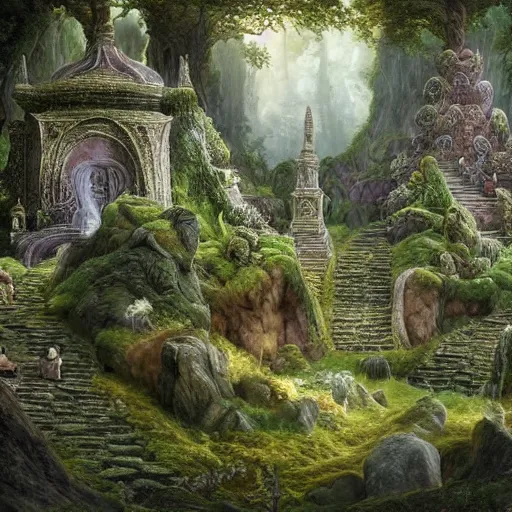 Image similar to a beautiful and highly detailed matte painting of an elven temple magical fantasy garden in a lush forest, intricate details, epic scale, insanely complex, 8 k, sharp focus, hyperrealism, by caspar friedrich and brian froud,