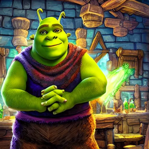 Image similar to shrek as a wizard, in a tavern, hearthstone, concept illustartion, character art,