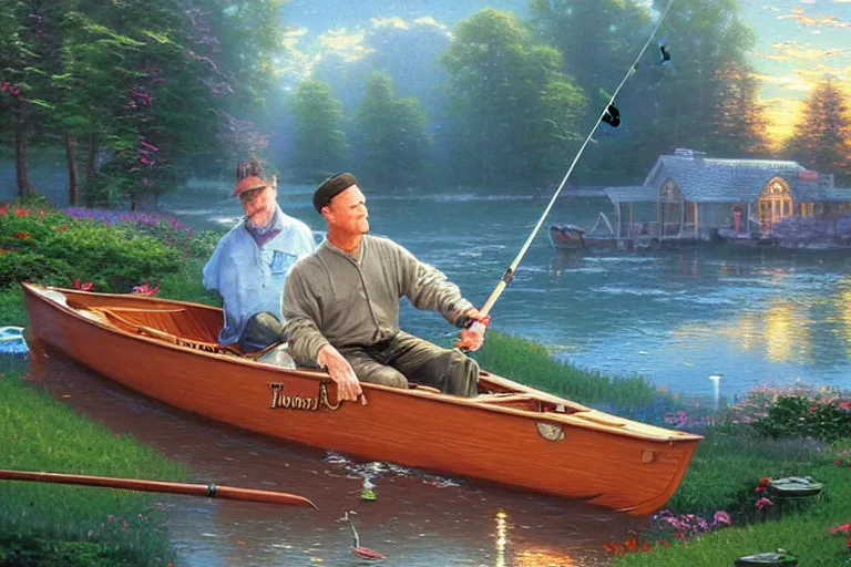 Prompt: thomas kinkade painting of tom hanks fishing in a boat on a pond