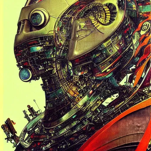 Image similar to “ a simple sci - fi concept art portrait of a sleek robot design, a highly detailed yoshitaka amano painting, by adrian ghenie and gerhard richter. art by takato yamamoto. masterpiece, deep colours. ”