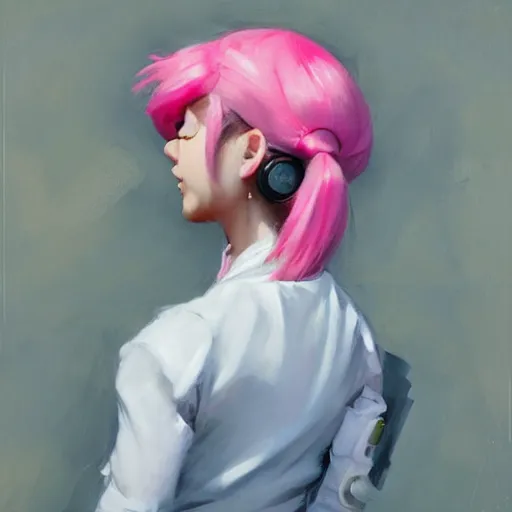 Prompt: greg manchess portrait painting of woman with pink pigtails as overwatch character, medium shot, asymmetrical, profile picture, organic painting, gloomy day, matte painting, bold shapes, hard edges, street art, trending on artstation, by huang guangjian and gil elvgren and sachin teng