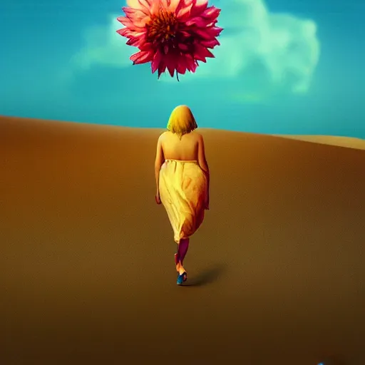 Image similar to closeup giant dahlia flower replacing head, a girl walking between dunes, surreal photography, sunrise, blue sky, dramatic light, impressionist painting, digital painting, artstation, simon stalenhag