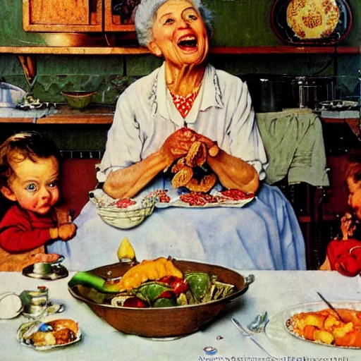 Image similar to hyper realistic hight detailed grandmother with a big mouth eating babies andivan shishkin on the table in the russian kitchen, by norman rockwell, bright colors, 4 k, 1 6 k, 3 2 k, photorealistic, cartoon style