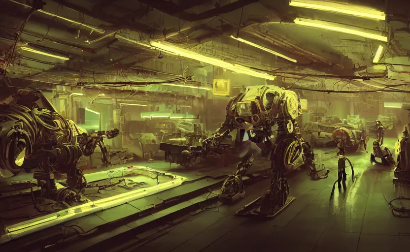 Prompt: interior shot, scifi robot repair workshop, large robotic mecha car, robot skeleton mechanics working on a robot car, robot skeleton mechanics, neon lights, neon lights, neon lights, neon lights, cinematic lighting, Craig Mullins, Greg Rutkowski, volumetric light, artstation, octane render, low angle camera