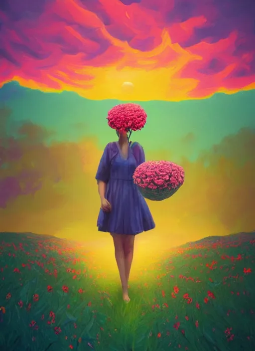 Image similar to woman with a giant carnation as a face, flower field, surreal photography, sunset dramatic light, impressionist painting, colorful clouds, blue sky, digital painting, artstation, simon stalenhag