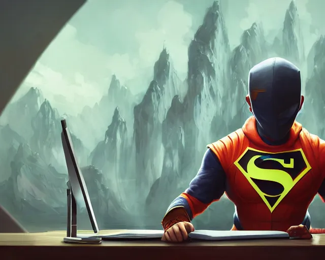 Image similar to an insanely detailed painting of a nerdy asian man wearing a superhero costume, sitting at a desk, staring at the nervously at the computer and typing, in the style of peter mohrbacher, dramatic lighting and composition, octane render, pixar, trending on artstation, concept art, comic book, view from behind