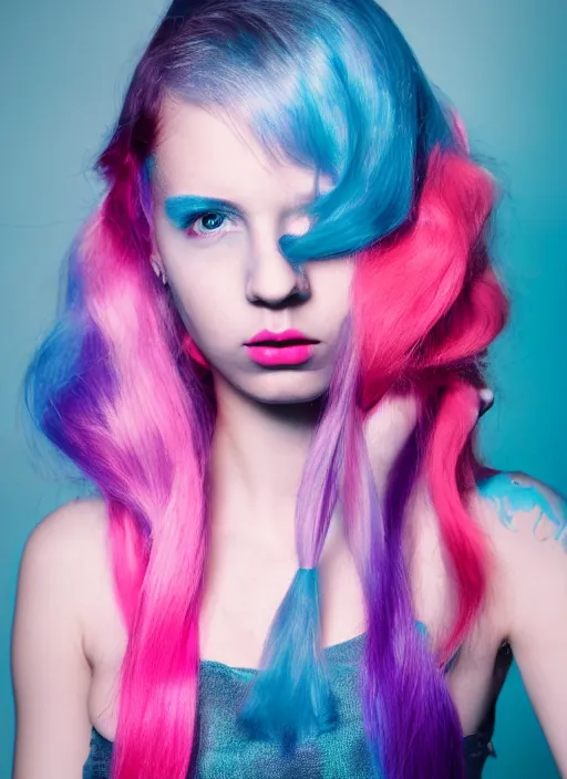 Image similar to a dramatic lighting photo of a beautiful young woman with cotton candy hair. blood splashes with a little bit of cyan and pink