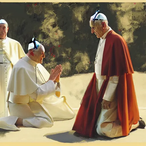 Prompt: king kneeling, pope standing in front of him, detailed by greg manchess, craig mullins, bernie fuchs, walter everett