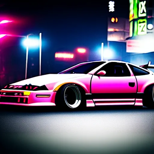 Image similar to a car 300ZX twin turbo drift at illegal car meet, Shibuya prefecture, city midnight mist lights, cinematic lighting, photorealistic, highly detailed wheels, high detail