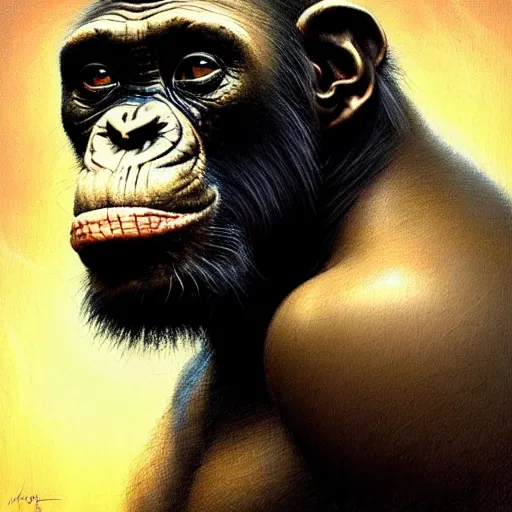 Image similar to portrait of joe rogan as a chimpanzee hybrid. gritty texture. highly detailed, centered, digital painting, artstation, concept art, smooth, sharp focus, golden hour, illustration, artgerm, tomasz alen kopera, peter mohrbacher, donato giancola, joseph christian leyendecker, frank frazetta, boris vallejo