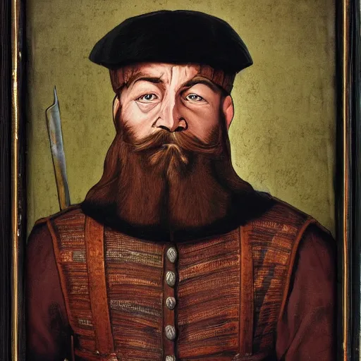 Image similar to fantasy conept art, portrait of medieval guardsman, old and bearded, with a stern expression, highly detailed