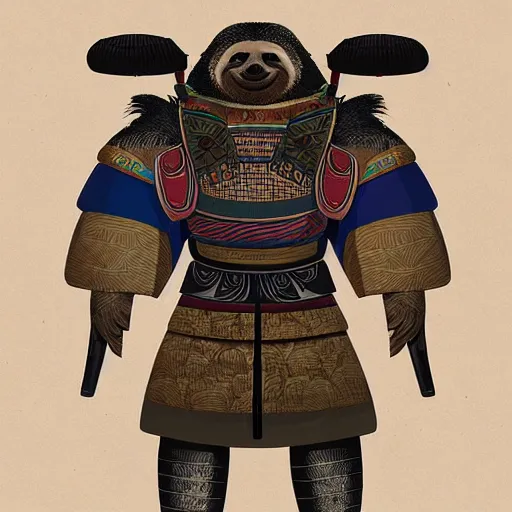 Prompt: graphic, hyperreal illustration of anthropomorphic sloth in traditional samurai armor : : digital art, concept art, character development