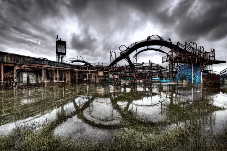 Prompt: creepy and wet abandoned waterpark, professional photography, highly detailed, sharp focus, hdr, 8 k, hd, trending on flickr, by marc adamus