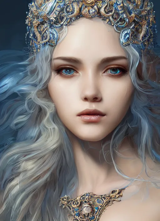 Prompt: up close portrait of a beautiful water goddess, d & d, face, fantasy, intricate, elegant, highly detailed, digital painting, artstation hq, concept art, smooth, sharp focus, 4 k uhd, illustration, art by artgerm and mingchen shen, trending on artstation, unreal engine 5 highly rendered