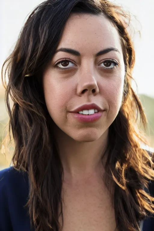 Image similar to photo of Aubrey Plaza with a tomato chin, portrait, 3/4 view, Refined, Detailed professional photo, 50mm lens, Canon eos, blurry distant background, Highly Detailed, Cinematic Lighting, 8k