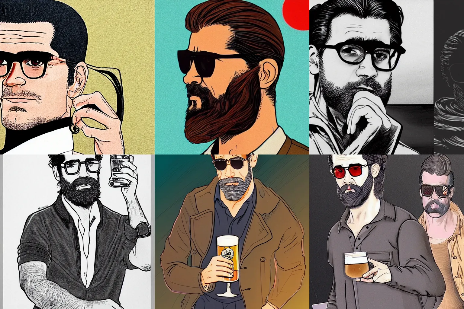 Prompt: egon schele + moebius art style long black braid beard thick eyebrows black short hair colin farrell ray ban glasses drinking a pint of beer