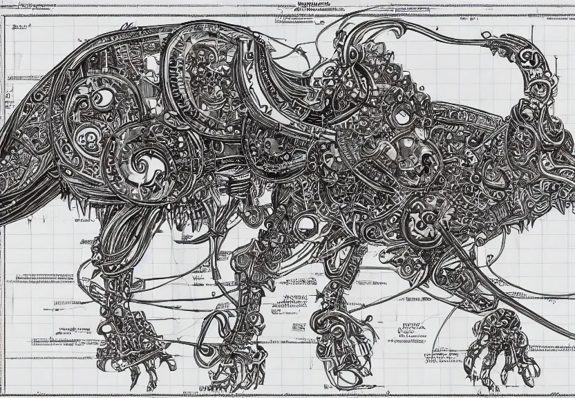 Image similar to schematic blueprint of highly detailed ornate filigreed convoluted ornamented elaborate cybernetic rat, full body, character design, middle of the page, art by da vinci