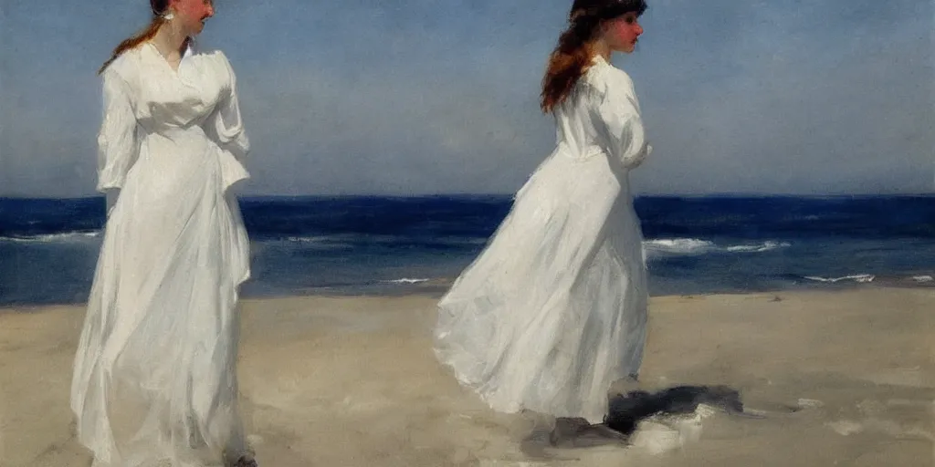 Prompt: A young Edwardian woman wearing a white dress standing on a sandy beach in Sweden, in the style of Anders Zorn