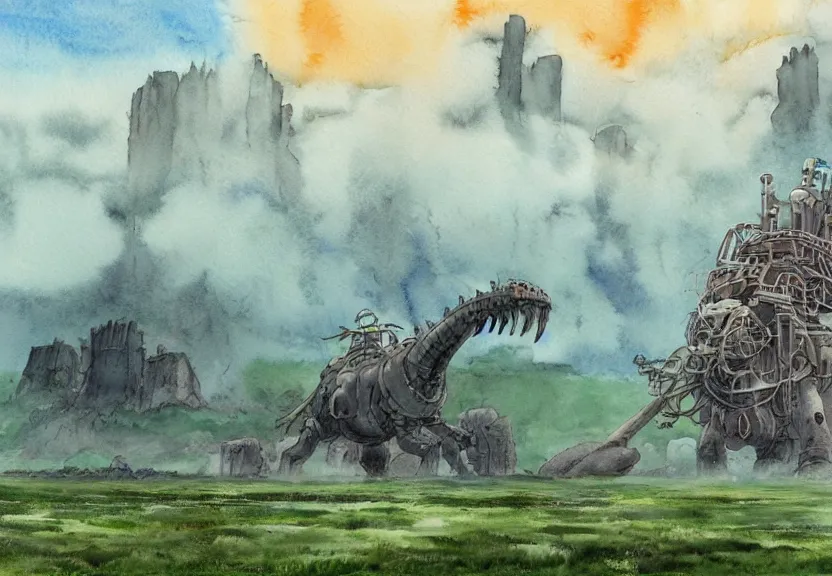 Image similar to a hyperrealist watercolor concept art from a studio ghibli film showing a giant grey mechanized prehistoric creature from howl's moving castle ( 2 0 0 4 ). stonehenge is under construction in the background, in the rainforest on a misty and starry night. by studio ghibli. very dull muted colors