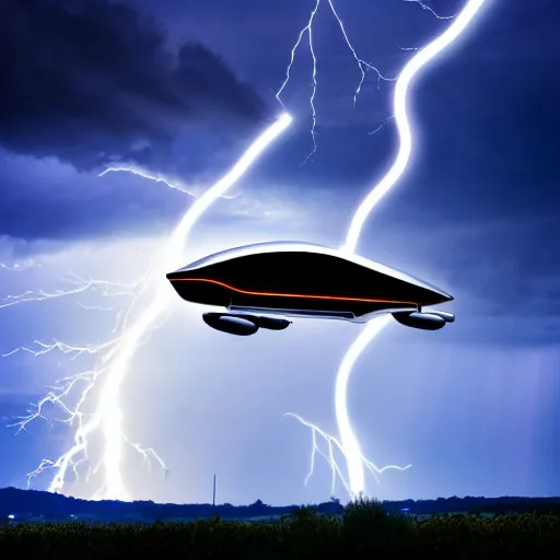 Image similar to futuristic flying car emerging from a circle of lightning in the sky, thunderstorm at night, 28mm dramatic photo