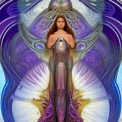 Image similar to queen of the galaxy by alex grey, zaha hadid, alphonse mucha. highly detailed, hyper - real, very beautiful, intricate fractal details, very complex, opulent, epic, mysterious, polished, futuristic design, trending on deviantart and artstation