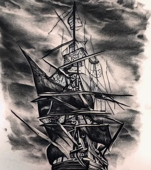 Image similar to A realistic tattoo design sketch of a pirate ship, paper background, black and white tattoo, highly detailed tattoo, shaded tattoo, hyper-realistic tattoo