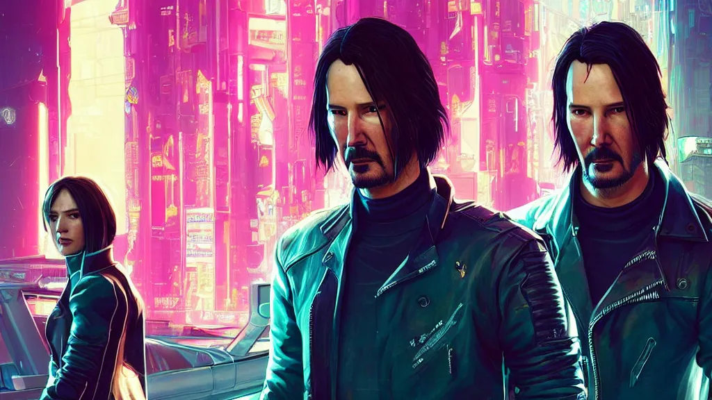 Prompt: a cyberpunk 2077 srcreenshot couple portrait of a Keanu Reeves and a female android,love,film lighting,by Laurie Greasley,Lawrence Alma-Tadema,Dan Mumford,John Wick,Speed,Replicas,artstation,deviantart,FAN ART,full of color,Digital painting,face enhance,highly detailed,8K,octane,golden ratio,cinematic lighting