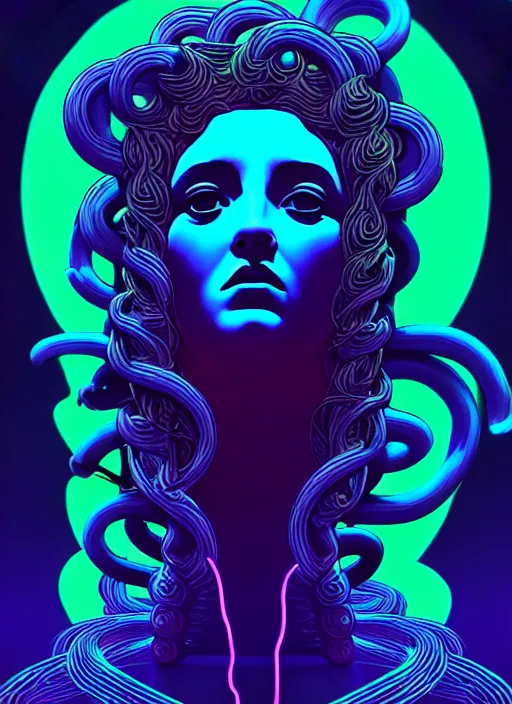 Image similar to statue of medusa, beeple, android jones, ( ( ( ( ( dan mumford ) ) ) ) ), vaporwave, retrowave, black background, neon wiring, black, glitch, strong contrast, cuts, pinterest, trending on artstation