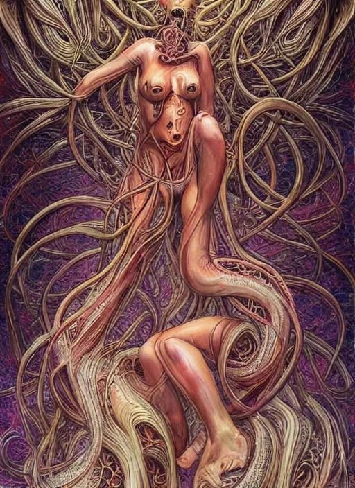 Image similar to beautiful psychedelic goddess enrobed in tentacles in the style of peter gric