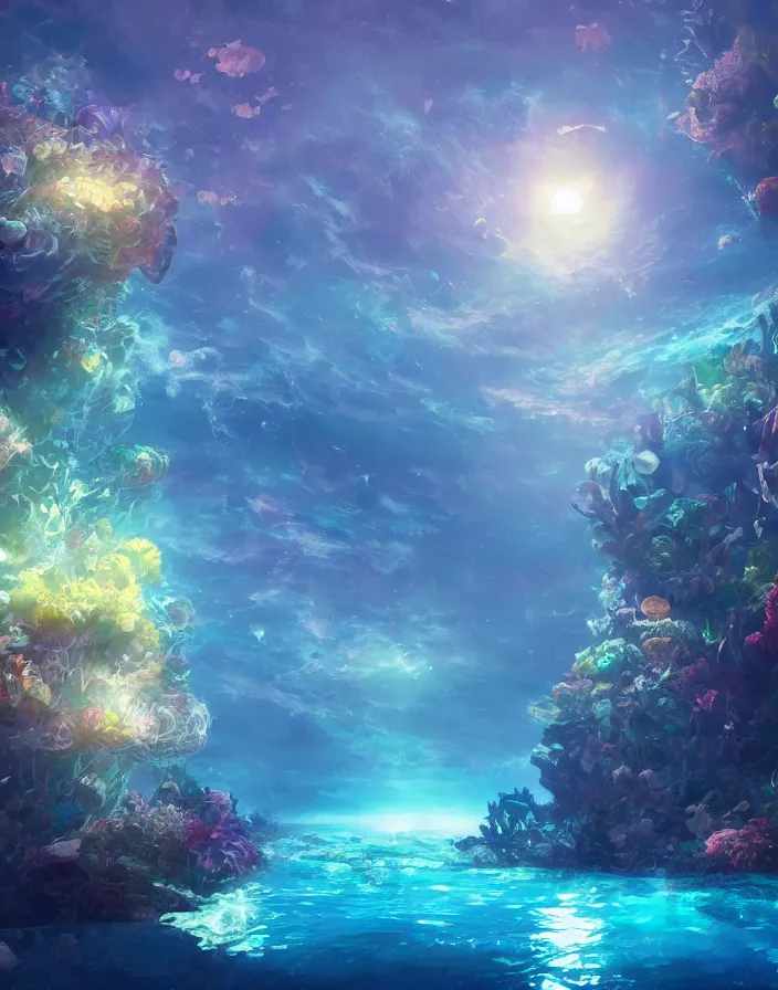 Prompt: thriving coral reef filled with tropical fish glowing at night in the sea under the moonlight with reflections, environment concept art, ethereal anime, high detail Impressionist style, dreamy light color palette, style of studio ghibli and moebius, concept art stunning atmosphere, trending on artstation, volumetric light