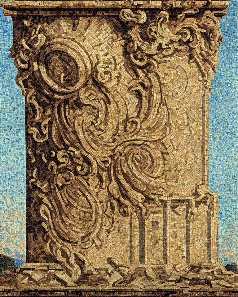 Image similar to achingly beautiful painting of intricate ancient roman corinthian capital on radiant mosaic background by rene magritte, monet, and turner. giovanni battista piranesi.