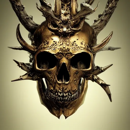 Prompt: an ominous dark ancient golden Lich king skull mask. hyper-detailed. Gothic steampunk. low poly medieval baroque. symmetric. epic. hyper-realistic. hyperrealistic. octane render intricate crown of antlers, horns made of porcelain, in style by Craig Mullins, hyper detailed, Zdzisław Beksiński, sinister, horror, 1900's photograph, polaroid, trending on artstation, bio-punk