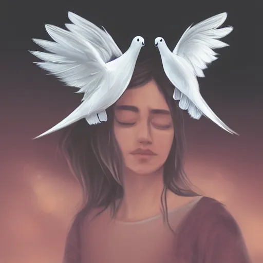 Prompt: doves flying into a human ear, digital painting, trending on artstation