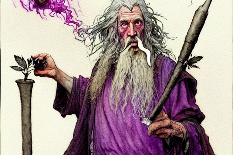 Prompt: a realistic and atmospheric watercolour fantasy character concept art portrait of gandalf with pink eyes lying on his back looking happy and confused and smoking weed out of his pipe with a pot leaf nearby, by rebecca guay, michael kaluta, charles vess and jean moebius giraud