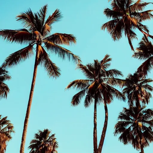 Image similar to surreal palm trees floating floating floating in blue sky, random positions floating, flying