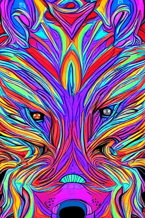 Prompt: Psychotic crisis portrait of a wolf head. psychedelic colors, very detailed, lineart