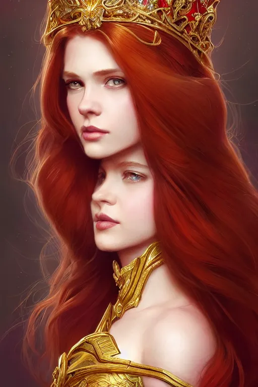 Image similar to beautiful female princess with a golden tiara on her head, portrait shot, long red hair, d & d, fantasy, intricate, elegant, highly detailed, digital painting, artstation, concept art, matte, sharp focus, illustration, hearthstone, art by artgerm and greg rutkowski and alphonse mucha