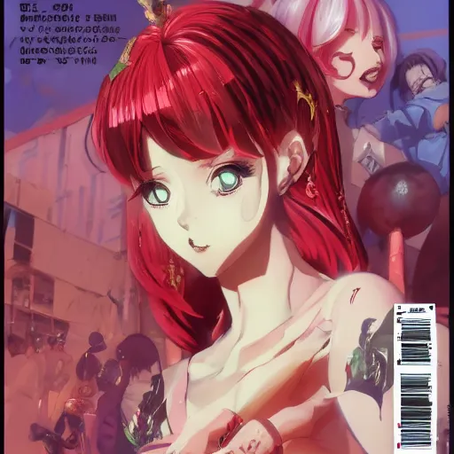 Image similar to Magazine Cover Anime key visual of a Gucci girl; official media; typography; drawn by Hirohiko Araki; Jojo's Bizarre Adventure; Jojolion, portrait, made by Stanley Artgerm Lau, WLOP, Rossdraws, James Jean, Andrei Riabovitchev, Marc Simonetti, Yoshitaka Amano, ArtStation