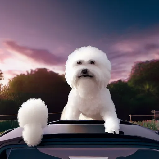 Image similar to a photorealistic image of bichon frise riding in the back on an uber in Hollywood at dusk. This 4K HD image is Trending on Artstation, featured on Behance, well-rendered, extra crisp, features intricate detail and the style of Unreal Engine.