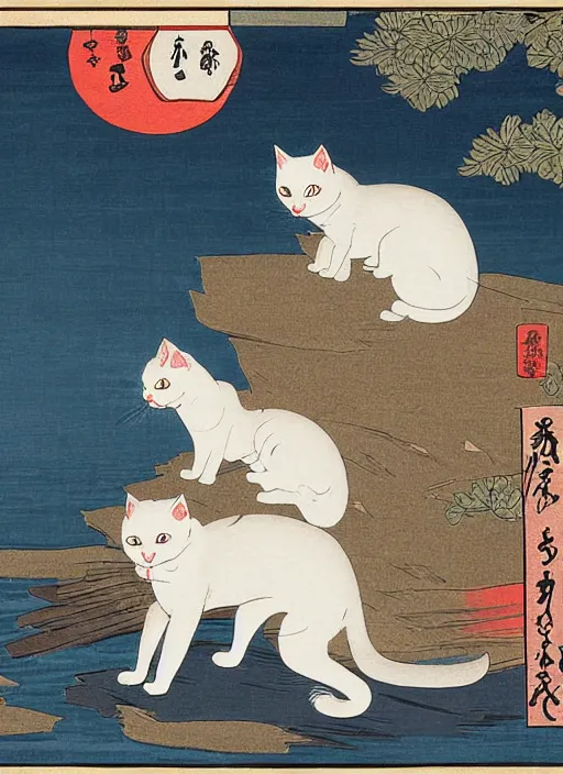 Image similar to whitecat with 2 baby white cats of utagawa hiroshige, digital painting 4 k uhd image, highly detailed